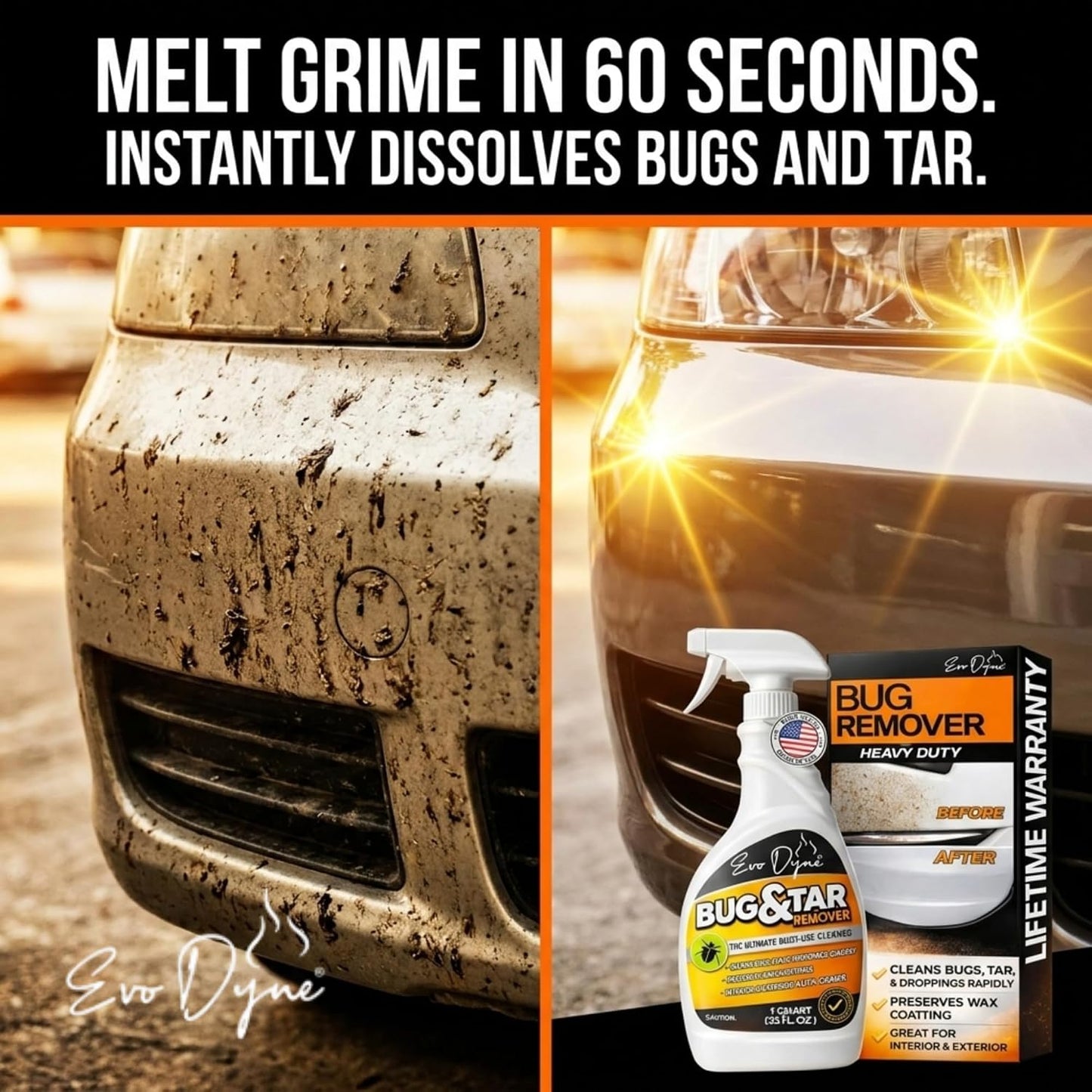 Evo Dyne Bug Remover for Car Detailing (32 fl oz Per Bottle), Made in the USA - Car Interior Cleaner Removes Tar, Droppings, Guts, Dirt, Grease | Ultimate Tree Sap Remover