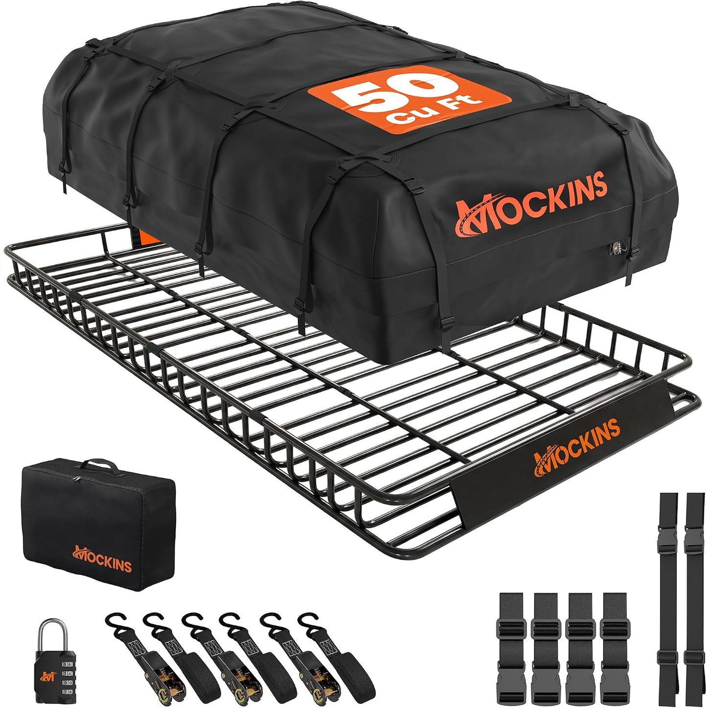 Mockins 90"x50"x5" XXL Heavy Duty Roof Rack Cargo Carrier w/ 250 Lbs. Cap | With 50 Cu Ft Waterproof Soft Vinyl Rooftop Cargo Bag | Roof Basket for SUV Car Truck RV & Van w/ Car Top Carrier Accessories