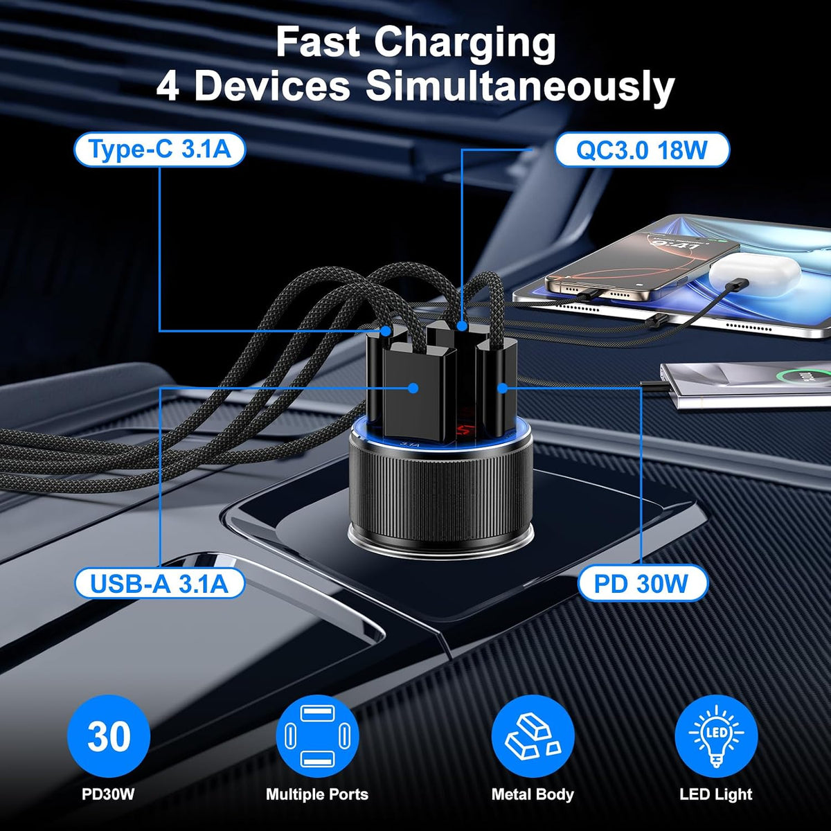 Car Charger USB C with Voltmeter, 4 Ports Cigarette Lighter USB Charger