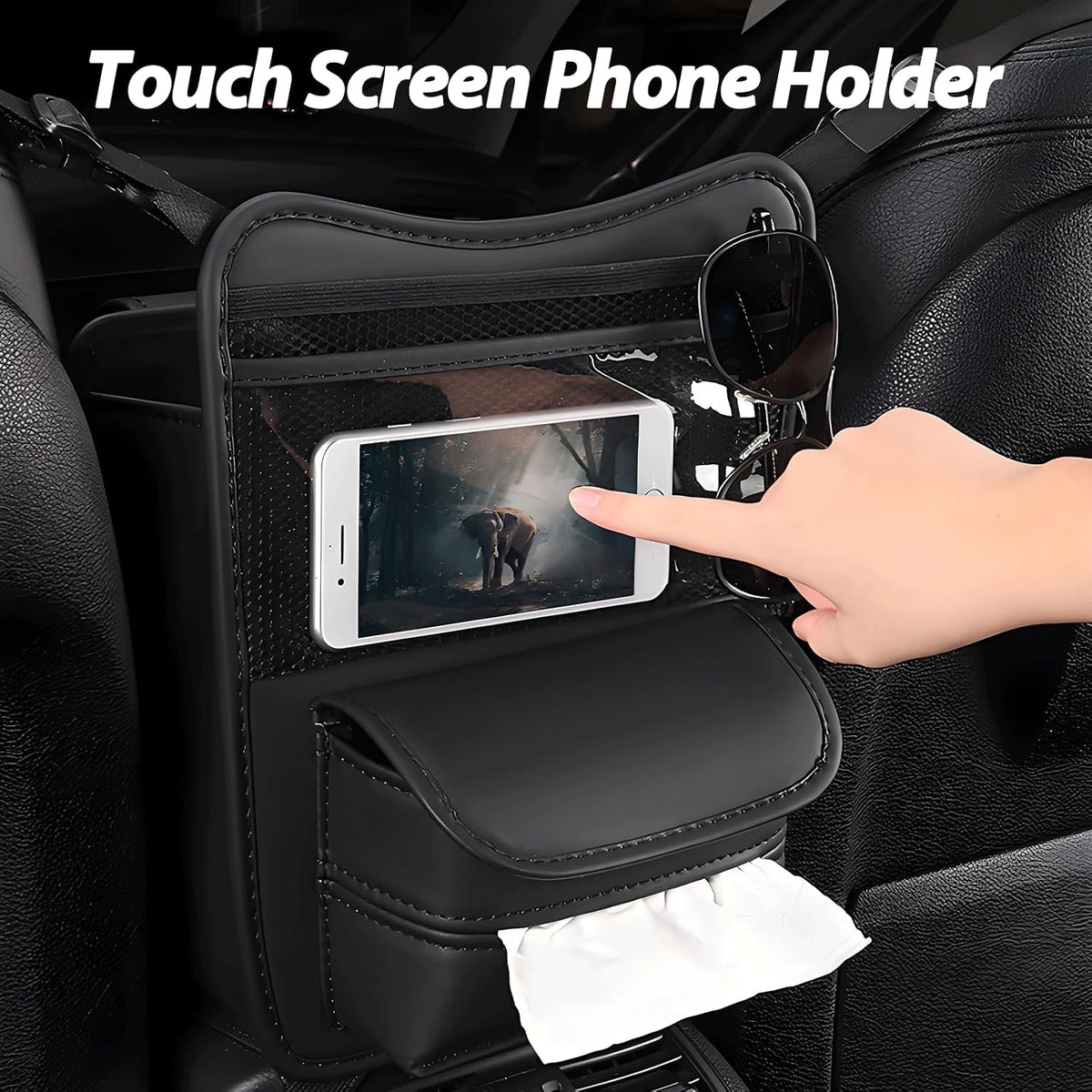 Car Organizer Storage Between Seats, Premium Leather Car Storage Bag Pocket Handbags Purse Holder with Tissue Box, Touch Screen Phone Holder, Console Front Seat Storage Barrier (Black)