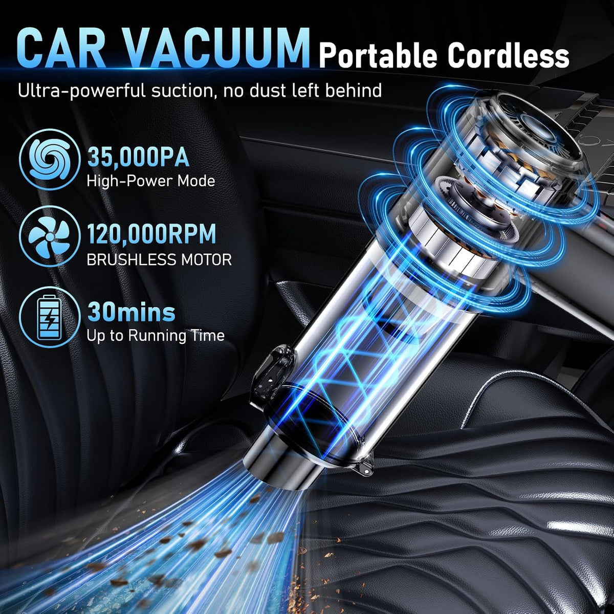 Car Vacuum Portable Cordless, 35000Pa High Power Brushless Motor Handheld Vacuum, 6-in-1 Rechargeable Mini Cleaner with Air Duster for Car, Home, Pet Hair, Keyboard, Grey