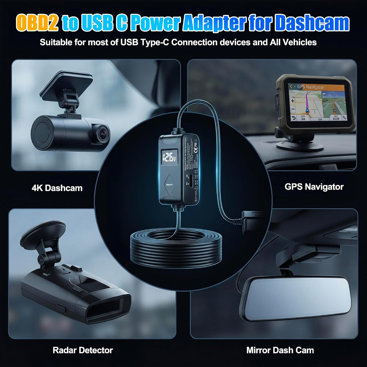 OBD Dash Cam Power Cable USB C,Parking Mode Kit with Low Voltage Protection