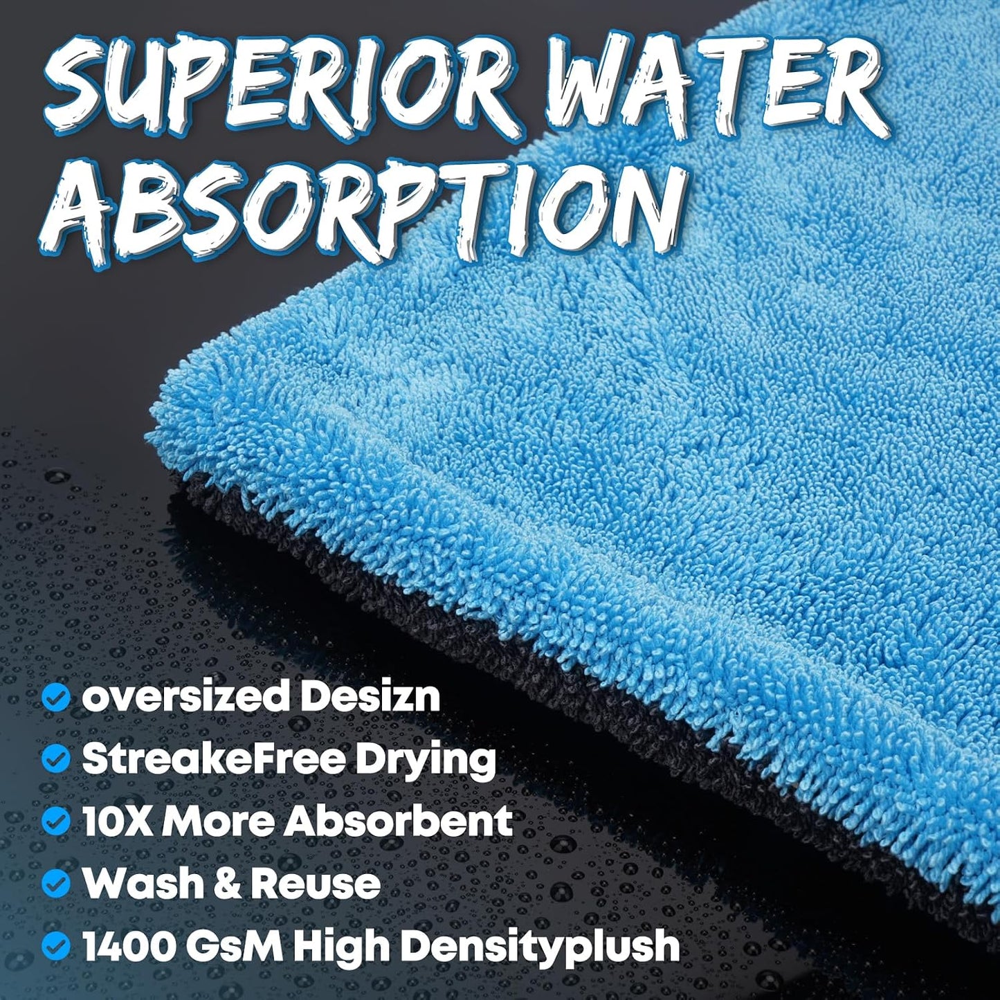 Metyond 48”x24” Car Drying Towel for Full-Sized SUV, Dual Sided Microfiber Car Cleaning Towel with Twisting Yarn Technique, 1400GSM Super Absorbent Scratch-Free, Machine Washable (Dark Gray - Blue)