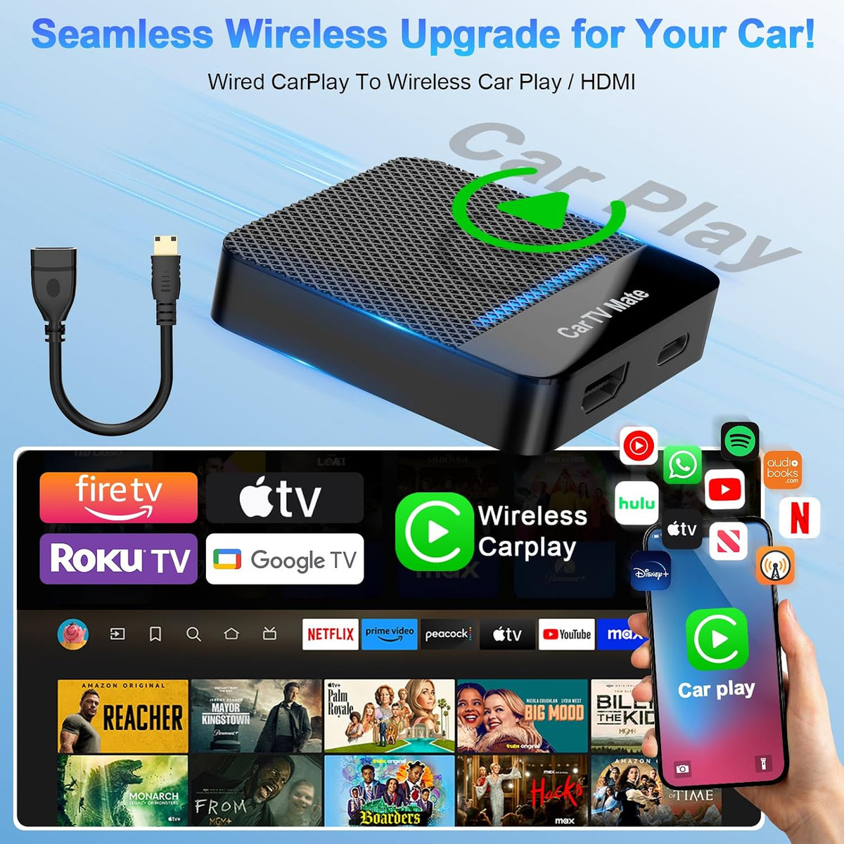 2-in-1 Car TV Mate Pro—Wireless CarPlay Adapter & HDMI Multimedia Adapter for TV Stick Converter/Game Consoles/Set-Top Box/Screen Mirroring, Plug & Play HDMI Cars T V Dongle Compatible Cars from 2016
