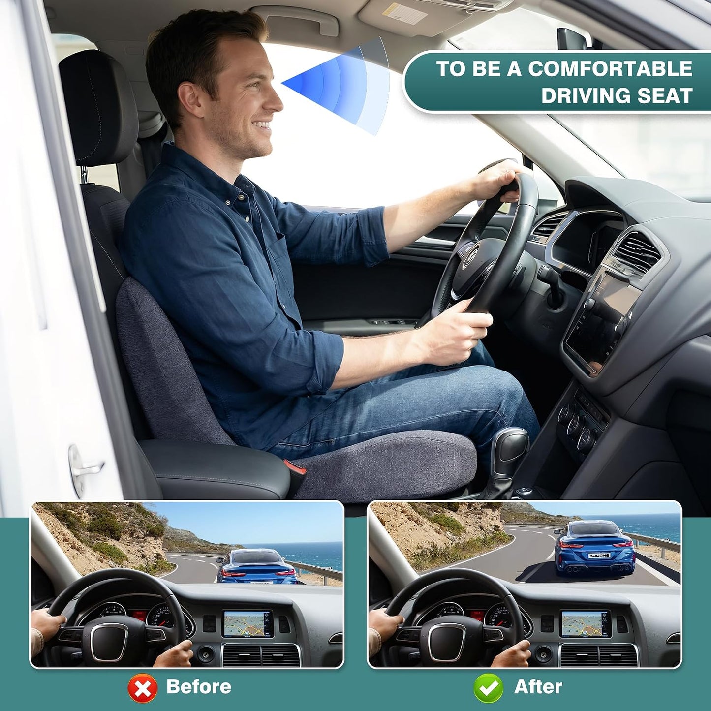 Memory Foam Car Seat Cushion – Ergonomic Driver Seat Cushion for Sciatica & Tailbone Pain, Breathable Non-Slip Car Seat Pad with Lumbar Support for Car, Truck, SUV, Office Chair