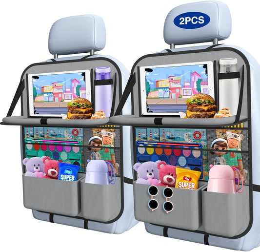 2PACK-Car Backseat Organizer with Touch Screen Tablet Holder,9 Storage Pockets Storage Organizer with Foldable Food Tray, Protector Kick Mats for Kids, Travel Accessories Organizer (Grey)
