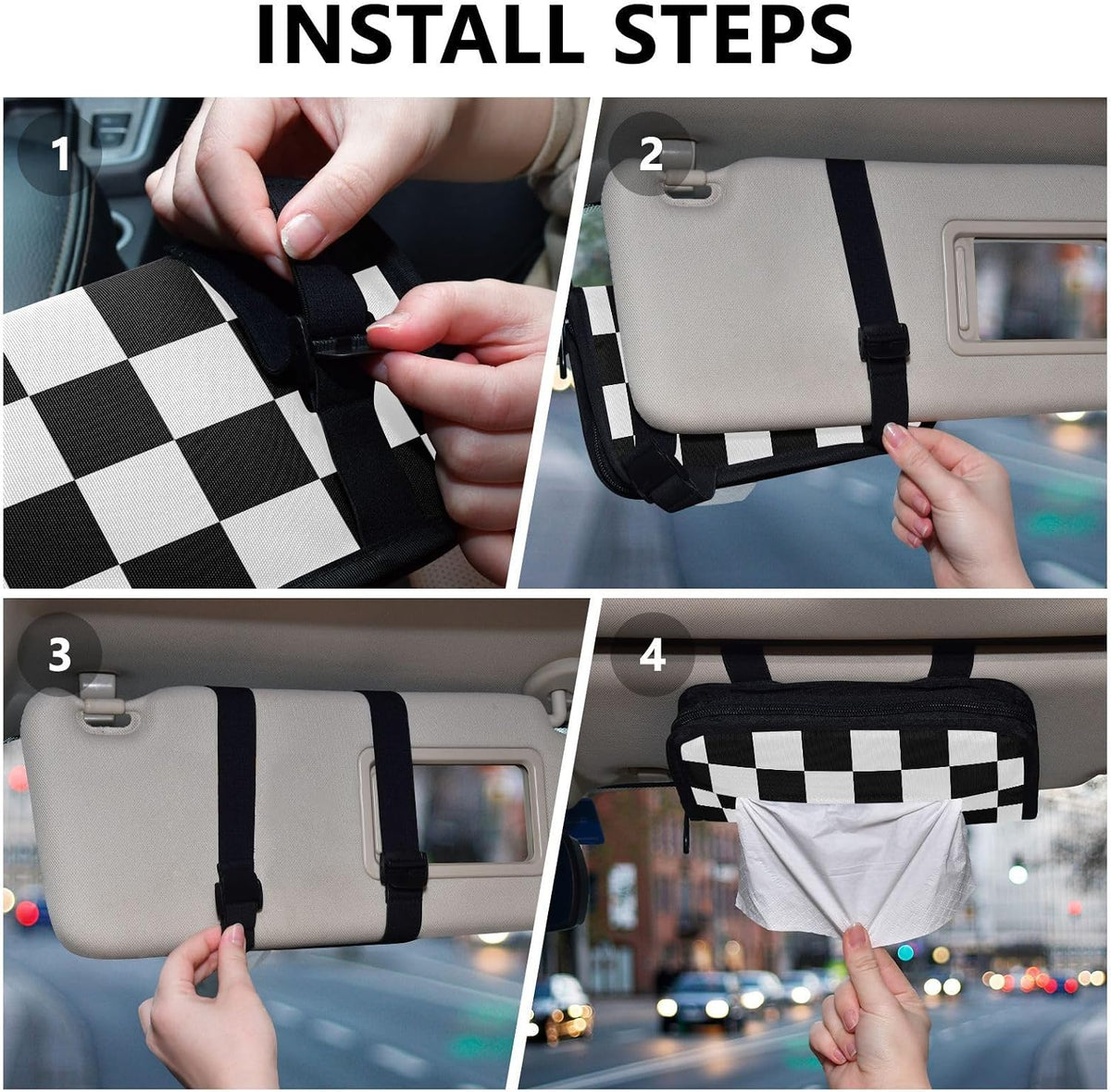Car Tissue Holder Napkin Box Dispenser Storage Case Sun Visor Mask Holder With Adjustable Straps Reusable Refillable Checkered Black and White