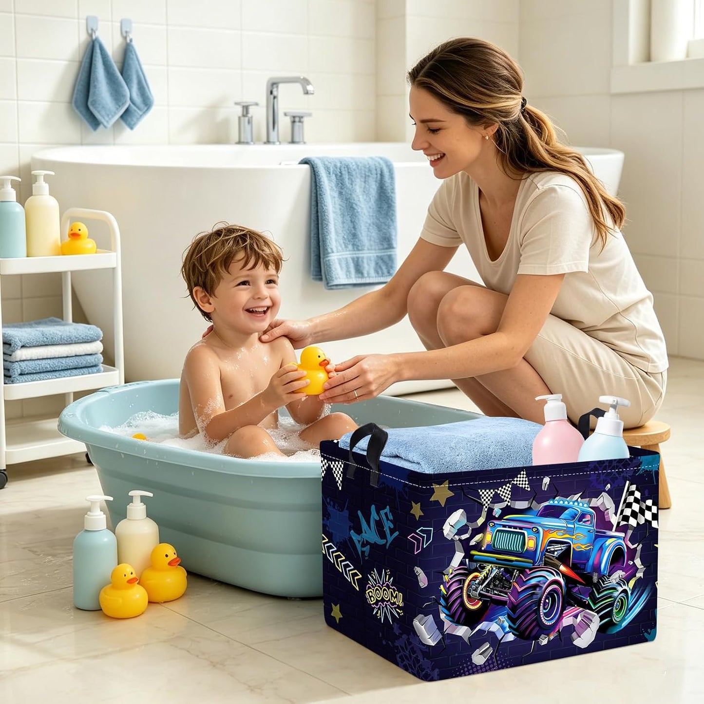 Clastyle Sport 3D Racing Car Boy Room Basket Racing Flag Monster Truck Toy Book Shelf Basket Large Rectangle Collapsible Dirty Clothes Storage Bin,Monster,40 * 30 * 30 cm