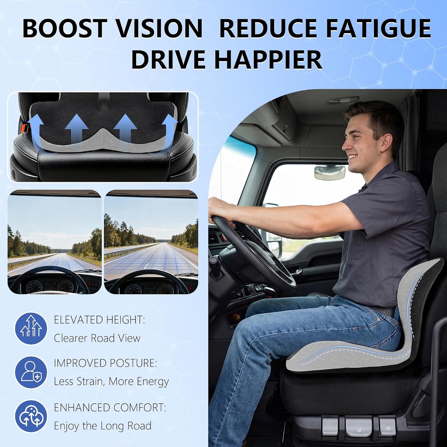 Truck Driver Seat Cushion Set - Memory Foam for Lower Back & Sciatica Pain Relief - Ergonomic Headrest Neck Pillow for Semi Truck & Car Dark Gray
