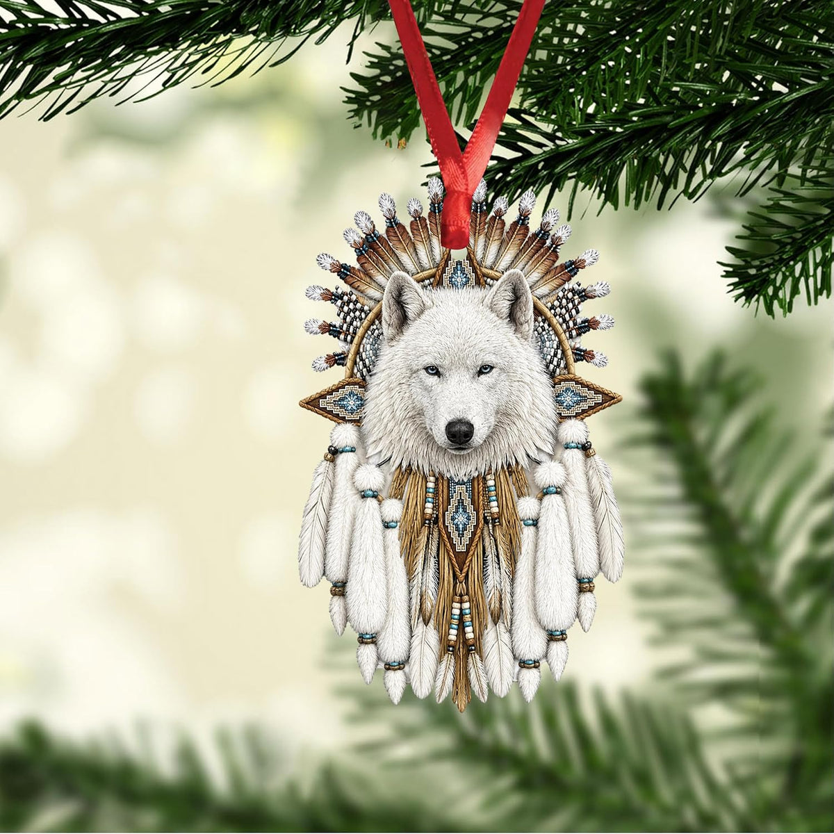 Talataca Native American Indigenous Us Indian Dreamcatcher White Wolf 2D Flat Car Rear View Mirror Accessories Christmas Tree Ornament Decoration Hanging Charm Interior Rearview Pendant Decor Gift