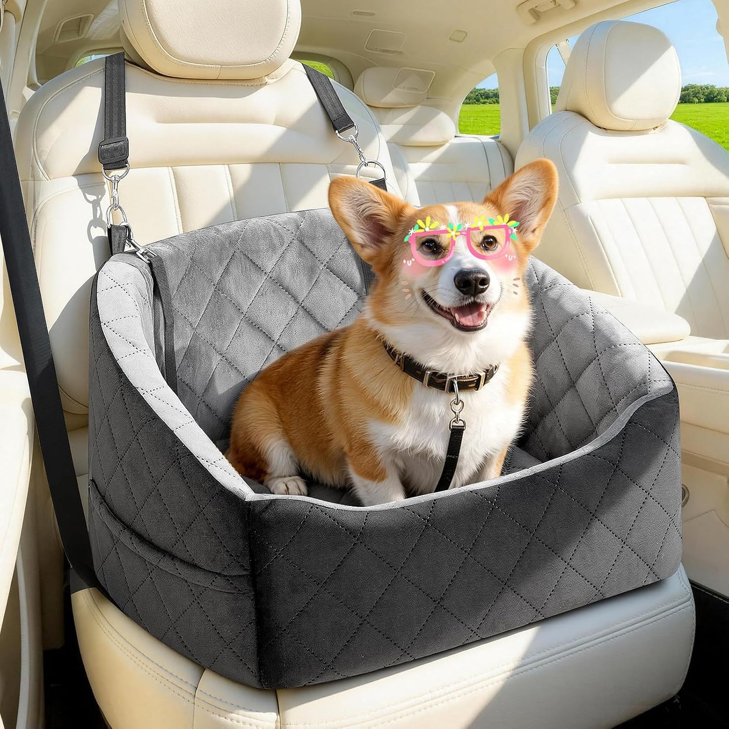 Dog Car Seat for Small Dogs Up to 30 Lbs, Pet Travel Safety Bed for Puppy Cat, Fits in Front/Back Seat, Anti Slip Base, Fully Detachable Washable with 2 Safety Tether(Grey-Black)