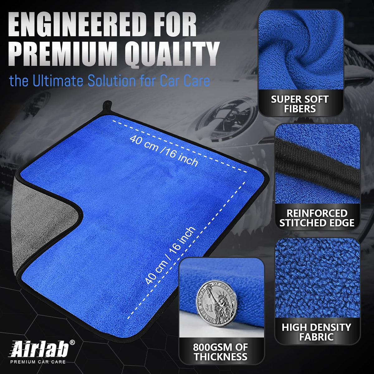 Airlab Microfiber Towels Cars Wash Drying Cleaning Cloth, Blue & Grey