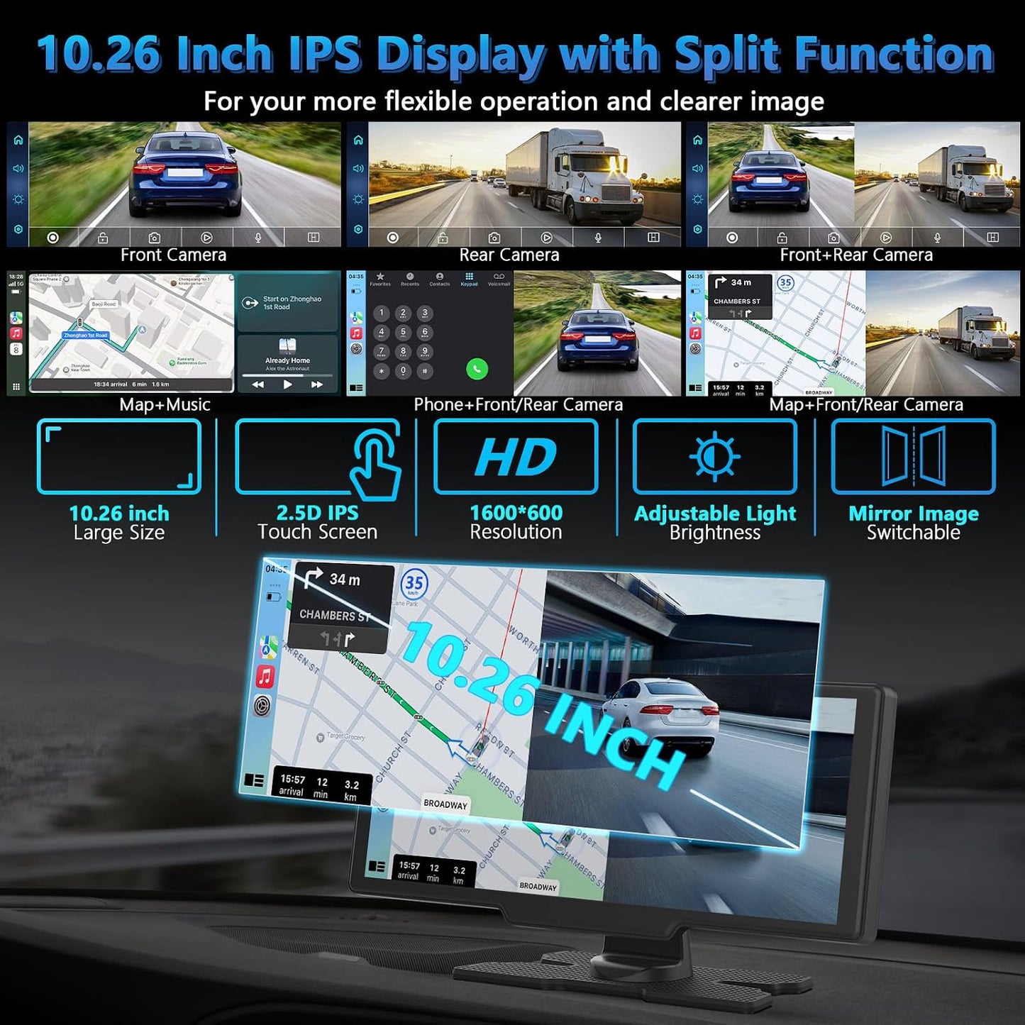 Portable Wireless Carplay Screen with Dashcam - Lehwey 10.26 Inch Car Play Tablet with 4K Front Dash Cam & 1080P Rearview Backup Camera, Bluetooth 5.0, FM, Voice Assistant, with 64GB TF Card