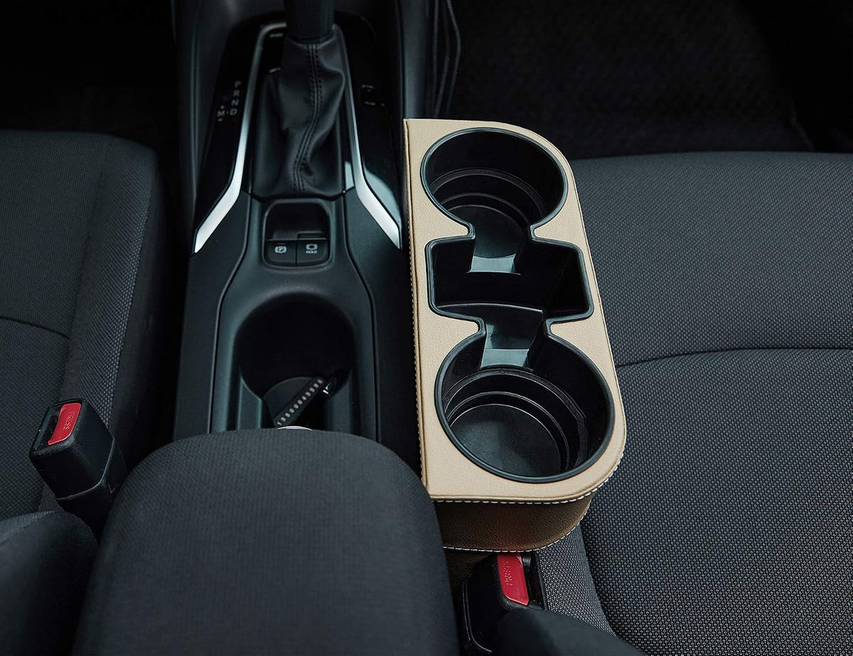 IOKONE Cup Holder for Car, Console Side Pocket, PU Leather Cover, Beige