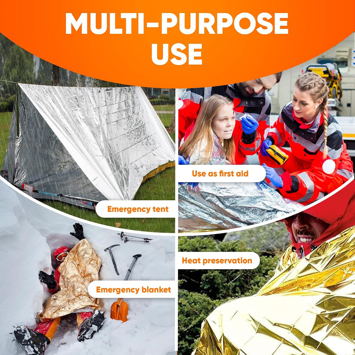 Survival Blankets - Waterproof & Windproof Emergency Cover, Reflective Exterior - Helps Retain Body Heat - 12 Microns, Compact & Lightweight - 5-Pack, 4 Silver, 1 Gold - 52x82”, 2oz
