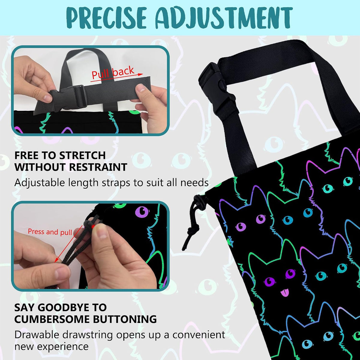 Car Trash Bag Cute Neon Cartoon Cat Leak-Proof Waterproof Car Garbage Bag with Drawstring Foldable Canvas Trash Bin with Adjustable Buckle for Car Accessories, Travelling, Camping