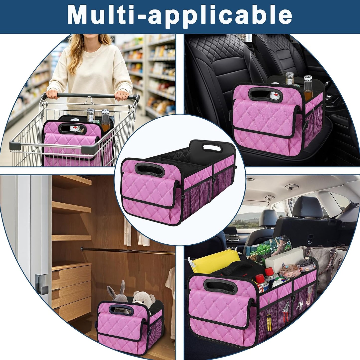 Deosk Car Trunk Organizer for SUV, Car Organizers and Storage with Reinforced Handles, Car Accessories for Women/Men 50L Waterproof Polyester Trunk Organizer(Medium,Pink)