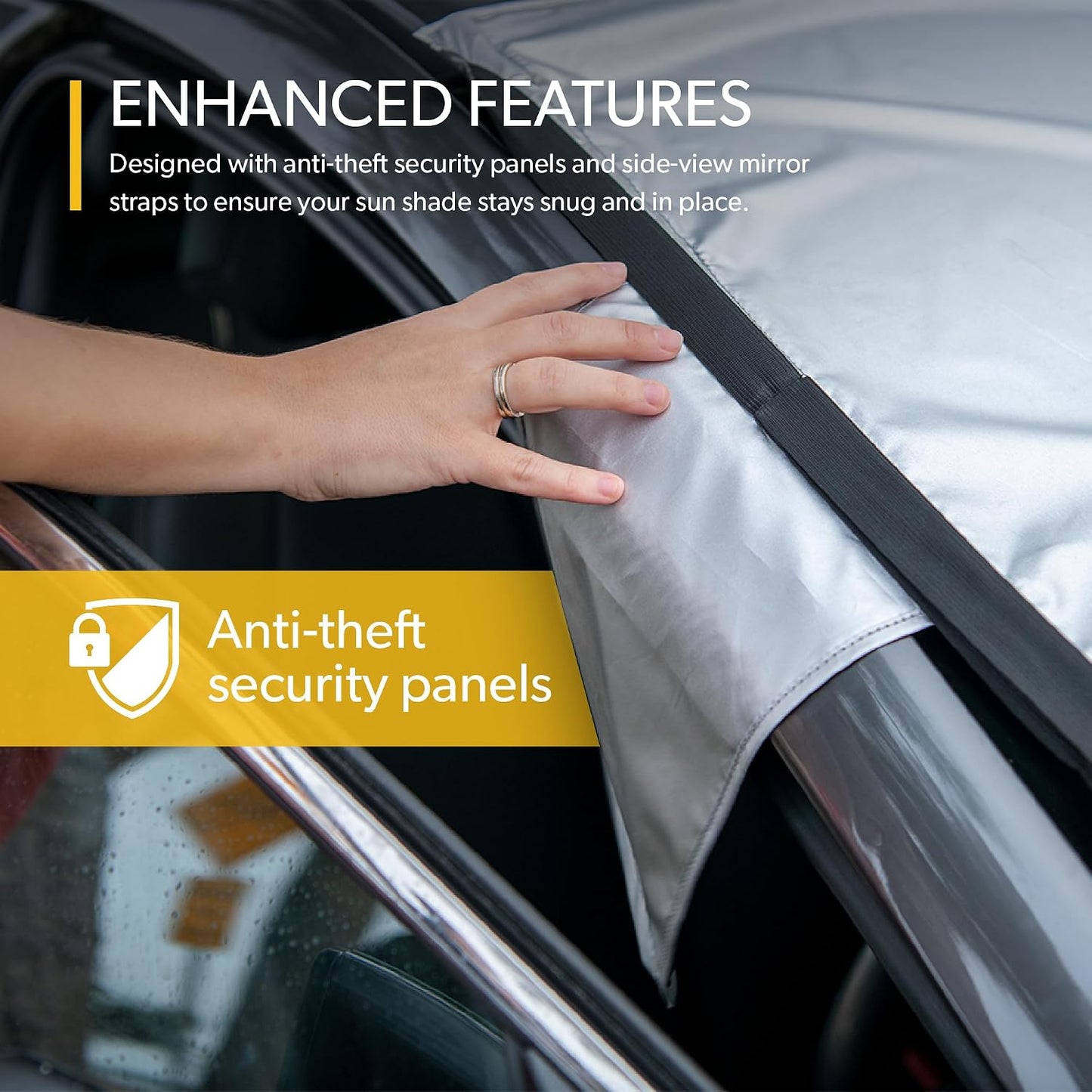SolarGuard Plus Sunshade for Car Windshield - Reflective Car Shades for Windshield, Blocks Damaging UV Rays - for Use on Front Window Exterior, Includes Security Flaps - Silver, Standard Size