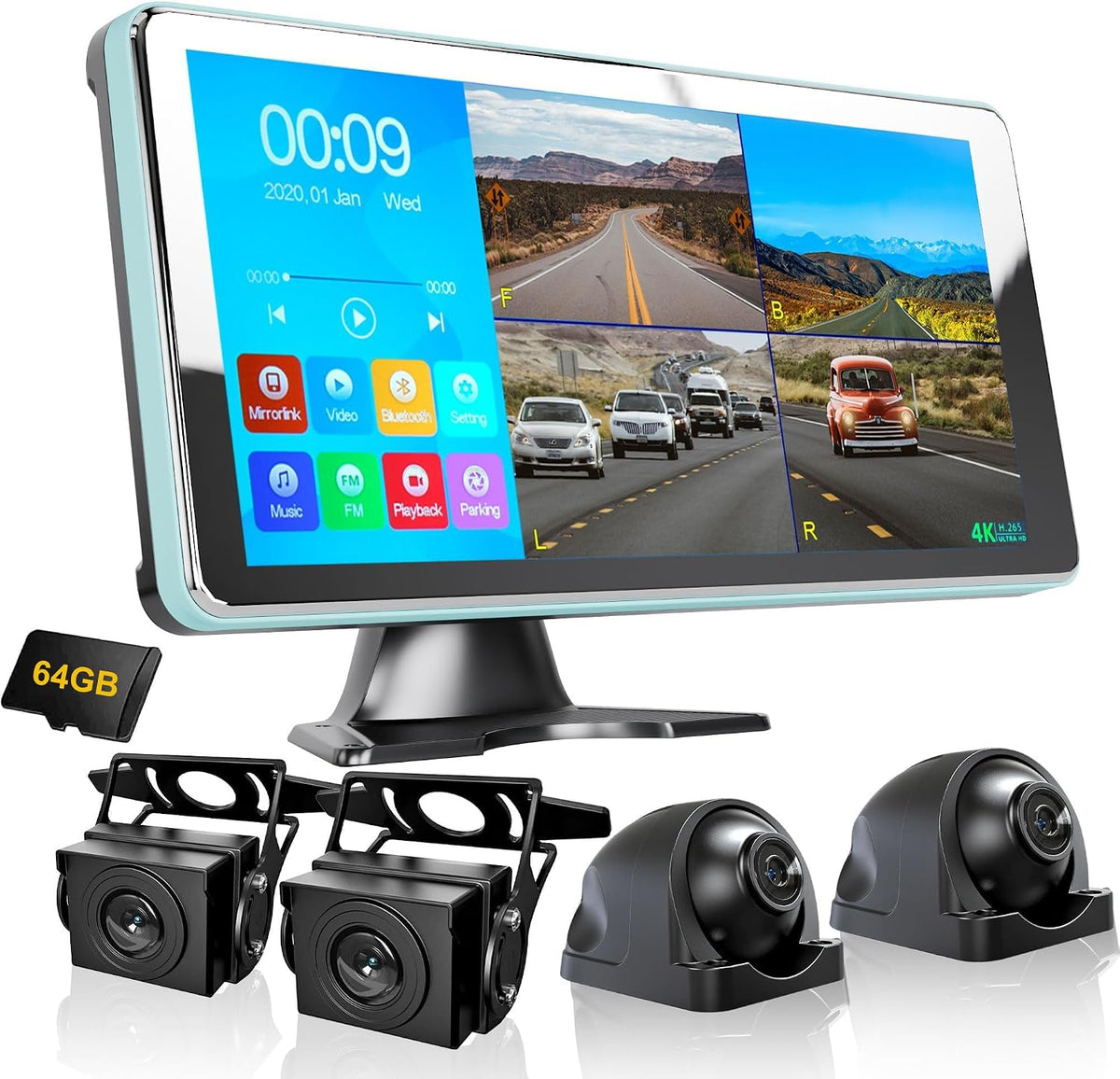ASLONG 4CH Dash Cam Backup Camera with 10.36" Quad Split Touchscreen for RV