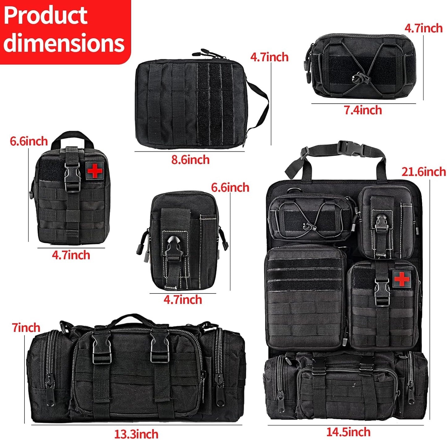 Tactical Car Seat Back Organizer with 5 Detachable Molle Pouches, 600D PU Waterproof Vehicle Seat Back Storage Bag, Universal Fit for Car, SUV, Truck, Pickup, Truck (Black)
