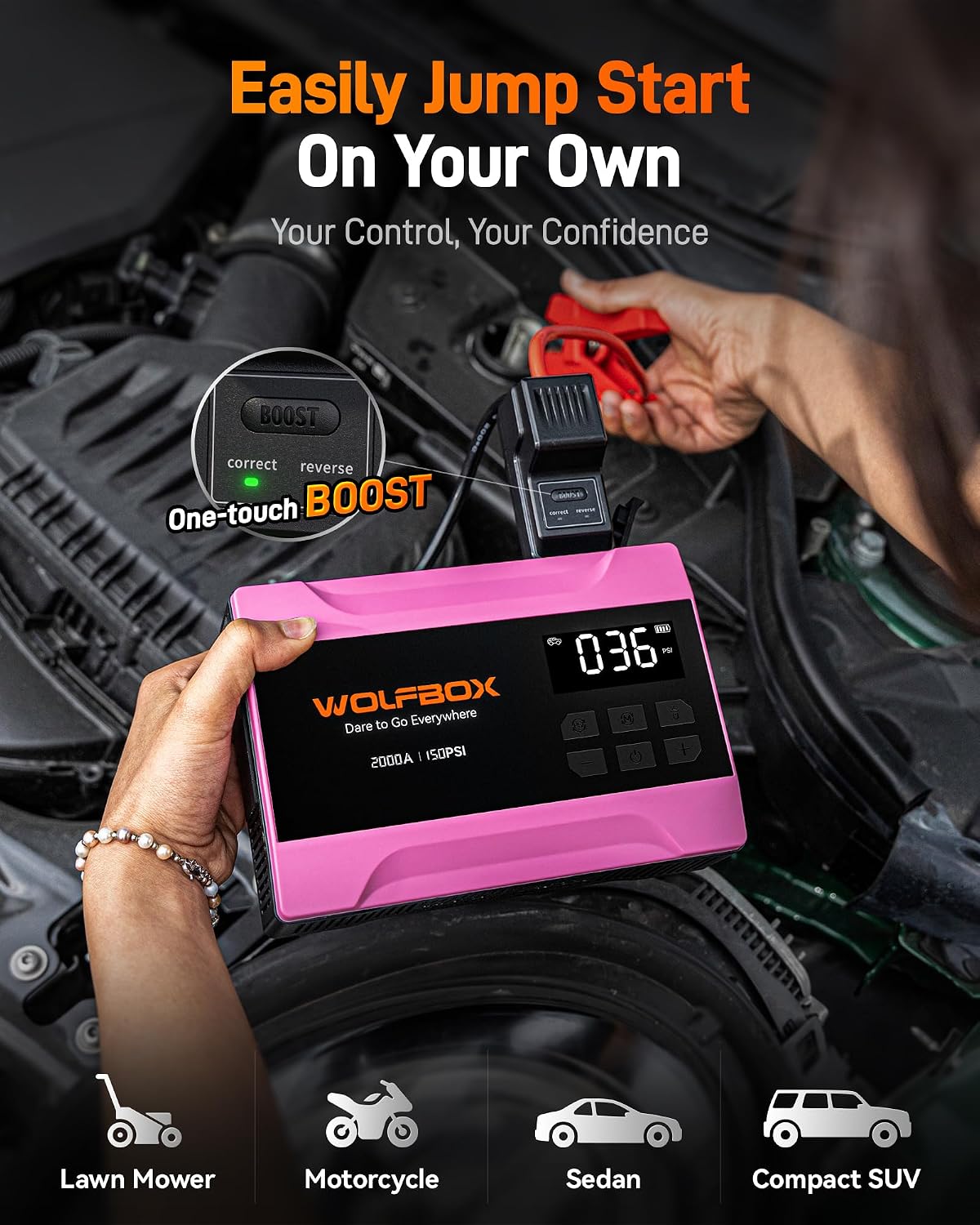 WOLFBOX 2000A Jump Starter with Air Compressor, 12V Jump Box