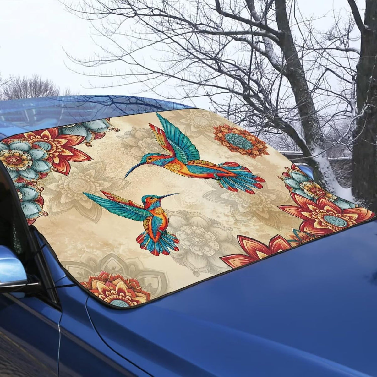 Boho Mandala Hummingbird Print Windshield Snow Cover for Cars, Auto Windscreen Covers Car Winter Ice Sunshade Protector Includes Anti-Theft Straps Fits Most Trucks, Vans, SUVs