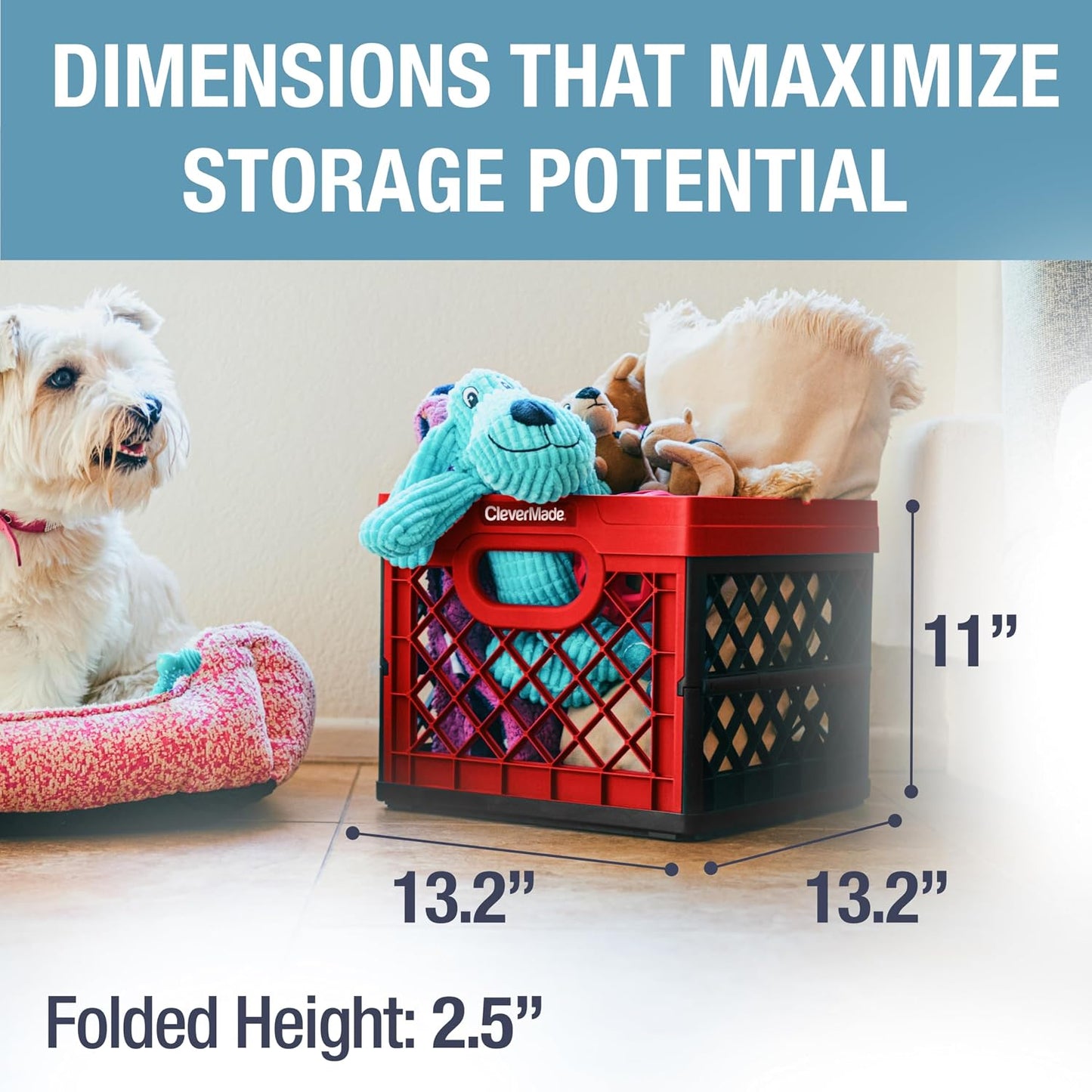 CleverMade Heavy Duty Collapsible Milk Crate, 25L, 6.6 Gal, 50 lb, Red | Stackable plastic storage crate with file rails for hanging folders and organizes garages, classrooms, offices and car trunks