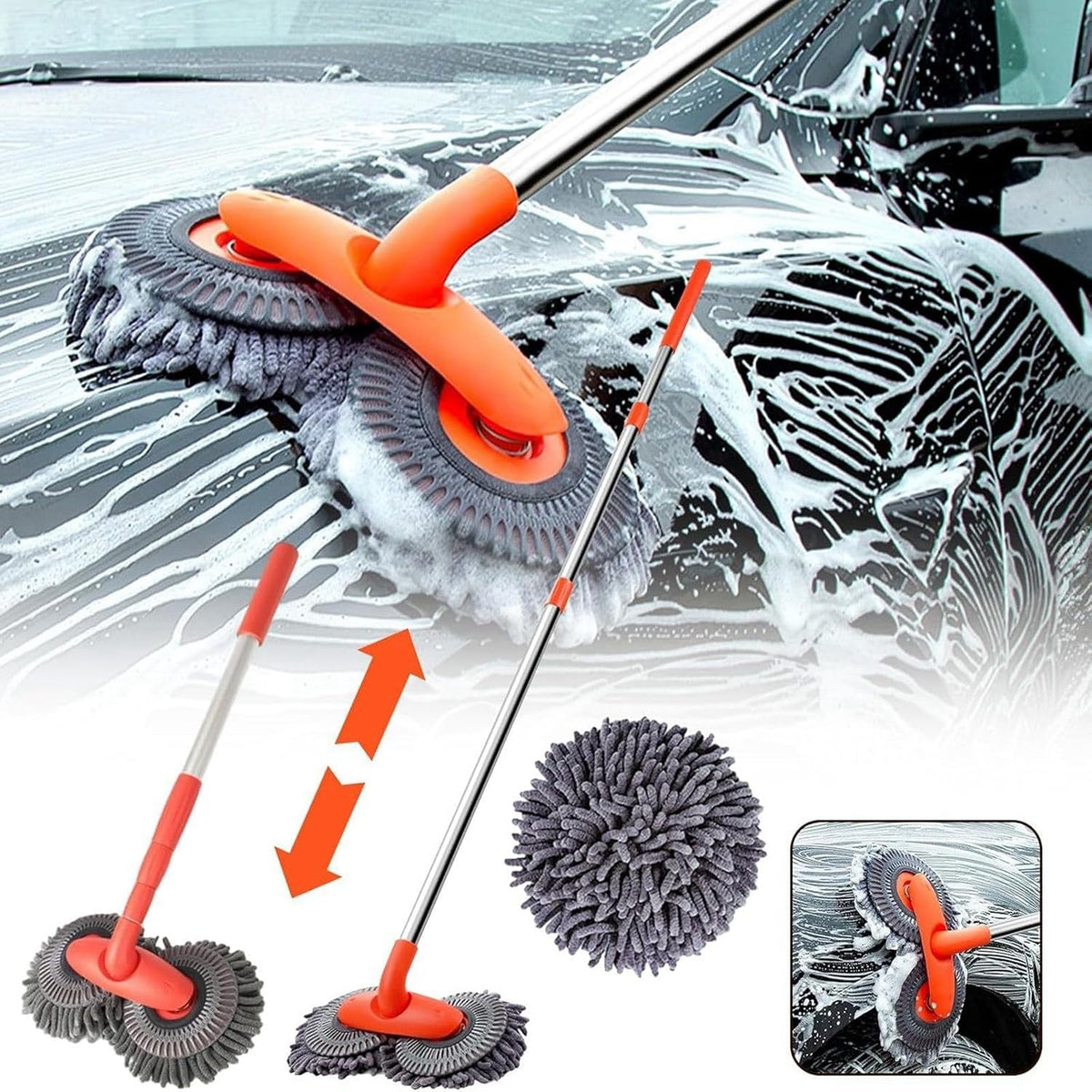 Retractable Car Wash Brush with Long Handle, Rotatable Long Handle Car Cleaning Kit, Brush Duster Scratch Free Cleaning Tool, Car Windshield Window Cleaning Kit, Microfiber Car Duster Dry Towels (1)