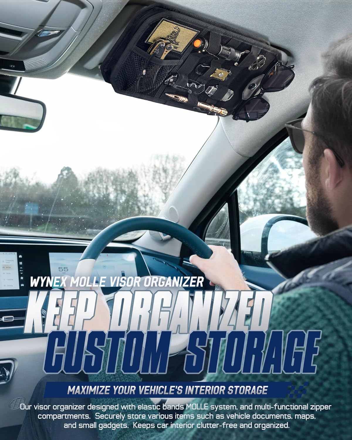 WYNEX Molle Car Sun Visor Organizer, Car Accessories with Zip Storage Pouch & Glasses Holder, Semi-Rigid Molle Panel with Patch for Tactical Gears, Fits Most Cars, Trucks, Pickups, Patrols