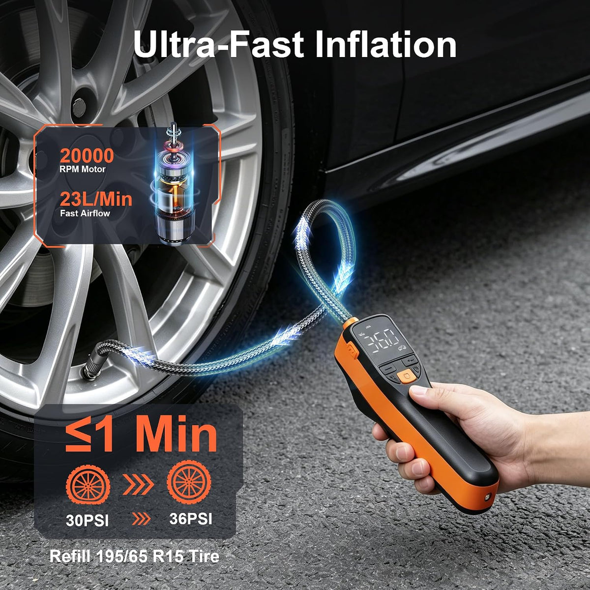 BEVA CAP02 Tire Inflator Portable Air Compressor, Fast Inflation Bike Pump with Digital Pressure Gauge and LED Light, 150PSI Portable Air Pump for Car Tires, Motorcycle, Bike, Ball
