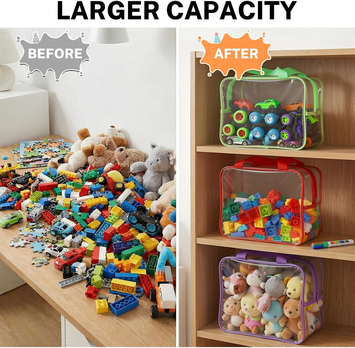 6 Packs Large Toy Storage Bags, Reusable Clear PVC Storage Bags with Zipper, Travel Waterproof Organizer Bags for Puzzles, Building Blocks,Board Game, Kids Books, Stationery(Colorful)