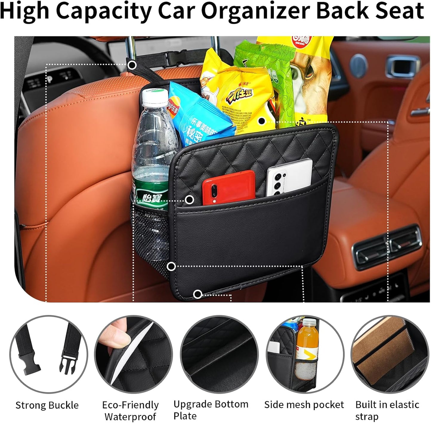 FrgKbTm Car Seat Back Organizer, Waterproof Car Backseat Organizer with Cup Holders Large Capacity Hanging Car Storage Bag for Phones Documents Cups Bottle Travel Compatible with Most Vehicles