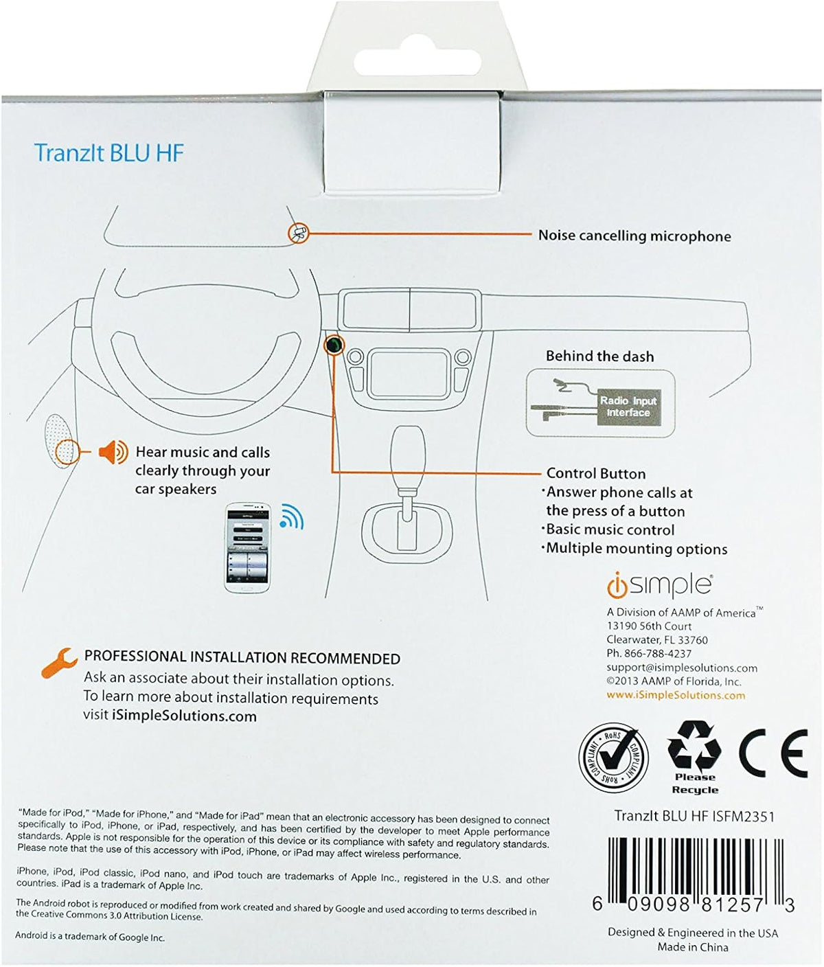 Hands-Free Calling and Music Streaming Kit with Control Button for Smartphones - Frustration-Free Packaging - Black