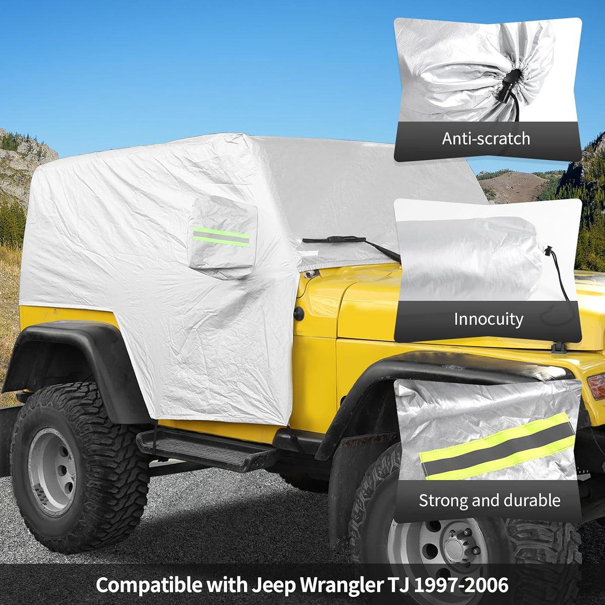 Car Rain Snow Sunshade Cover Accessories for 1997-2006 Jeep Wrangler TJ Windproof Dustproof Scratch Resistant Outdoor UV Protection Auto Cover