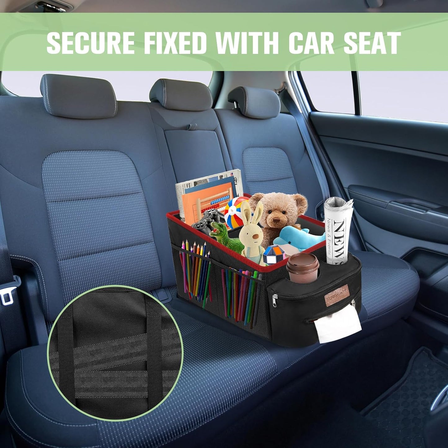 FUNNy elf Car Seat Organizer - Passenger Seat Organizer, Collapsible Car Storage with Partitions & 4 Cup Holders for Front Seat or Back Seat (Red)