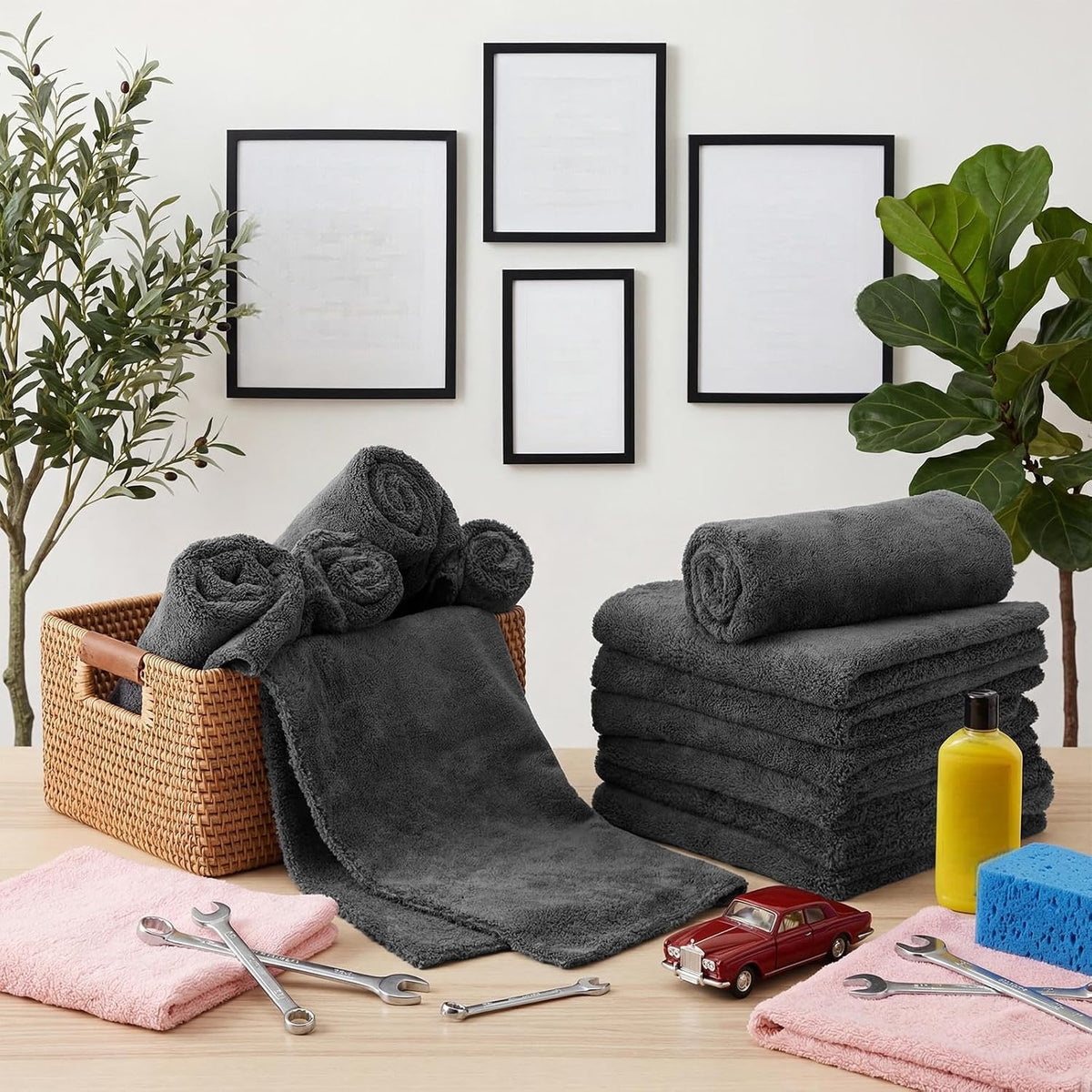 Shimeyao 20 Pcs 16 x 16 Inch Edgeless Microfiber Plush Towels for Cars Detailing Drying Wash Polishing Absorbent Cleaning Cloths, 500 GSM (Gray)