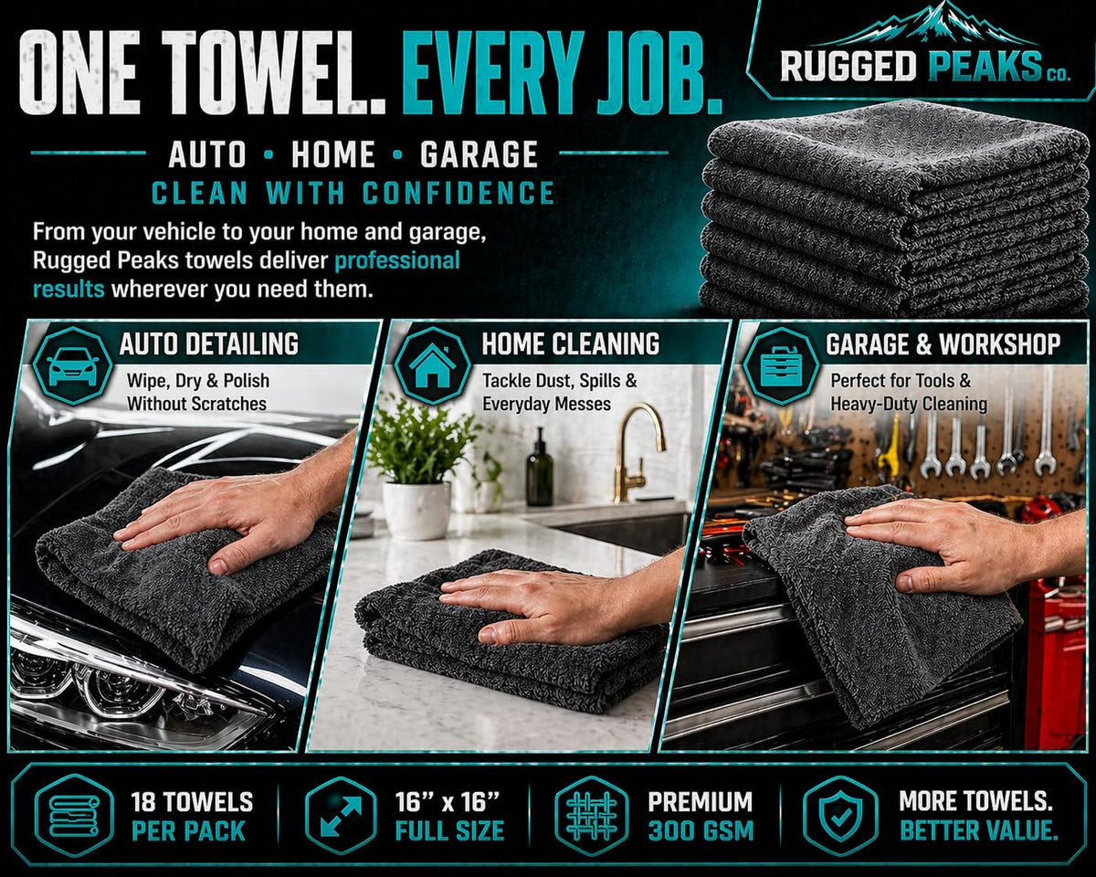 Rugged Peaks Co. 18-Pack Microfiber Towels for Cars – 300 GSM All Purpose Car Detailing Cleaning Cloths for Auto, Garage & Home, Dual Pile, 16x16 in (Gray)