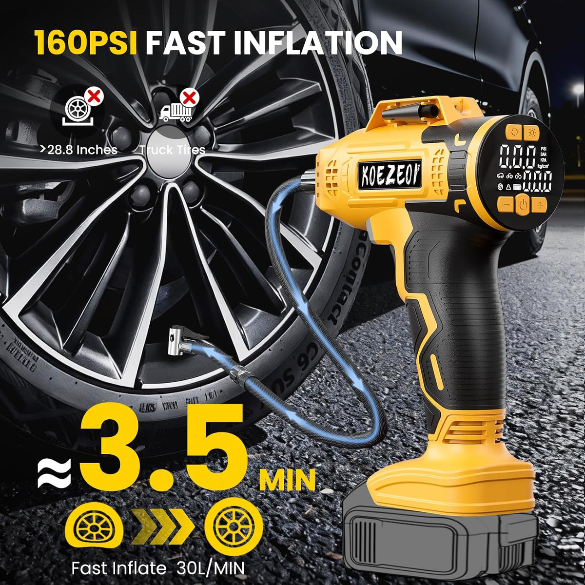 Cordless Tire Inflator Portable Air Compressor Compatible with Dewalt 20V Battery, 160PSI Electric Air Pump with 12V Car Power Cable Dual Mode and Digital Pressure Gauge LED Light for Car and Balls