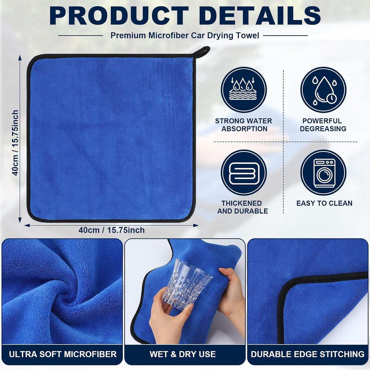 Nuenen 20 Pcs Microfiber Car Drying Towels 800 GSM Thick Plush, Blue