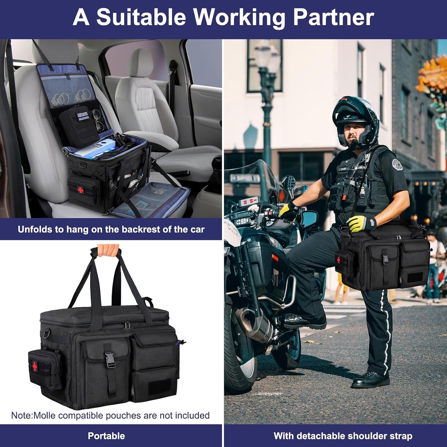 Patrol Bag Law Enforcement Police Gear Bag, Car Front Seat Organizer Tactical Officer Duty Bags, Police Car Accessories for Passenger Seat, Multiple Compartment Molle Webbing Removable Shoulder Strap