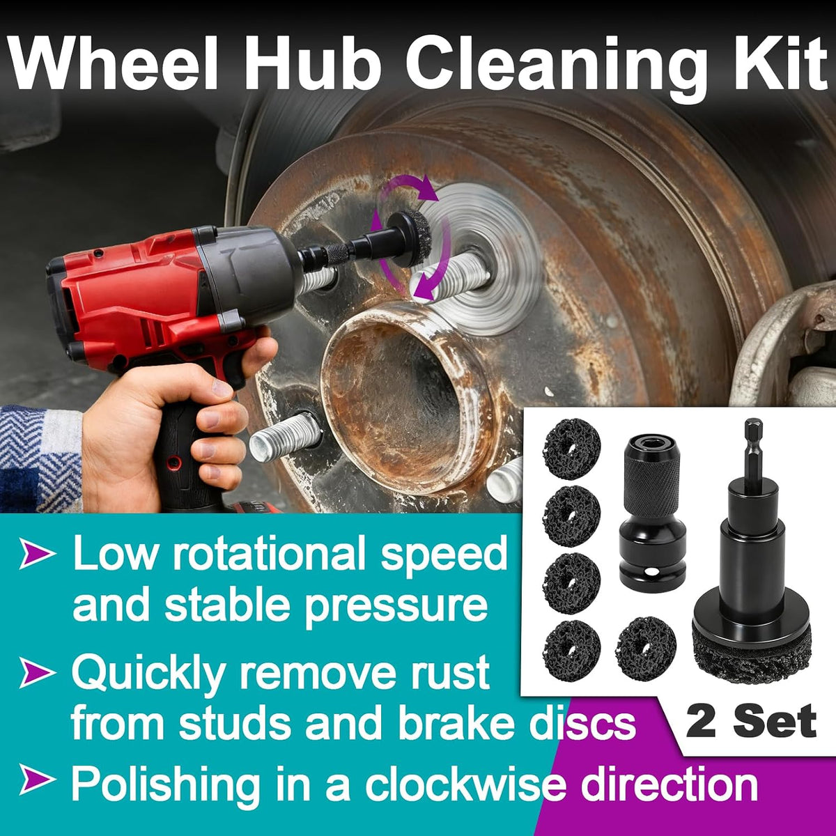2 Sets Wheel Hub Cleaning Kit Fits 1/2" Impact Driven Wrenches