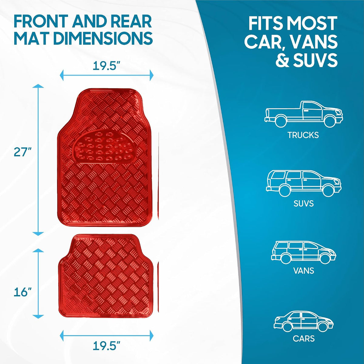 BDK Metallic Chrome Car Floor Mats All-Weather Universal Fit Automotive Floor Mats for Cars SUVs, Floor Mats for Trucks, Car Mats Full Set Front &amp; Rear, Non-Slip Backing - Red