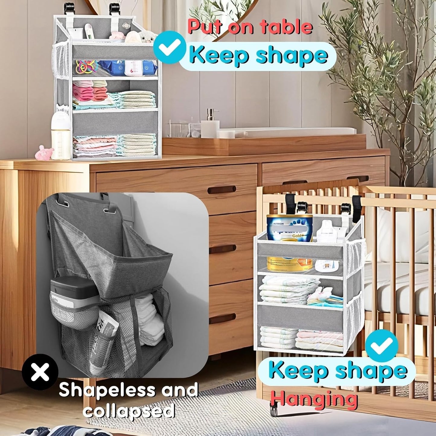 Hanging Diaper Organizer, 2 Tier Hanging Diaper Caddy, Holds 90+ Diapers | Durable Diaper Organizer for Changing Table,Cribs,Car,Playard or Wall & Nursery Organization, 4 Mesh Pockets, Won't Deform
