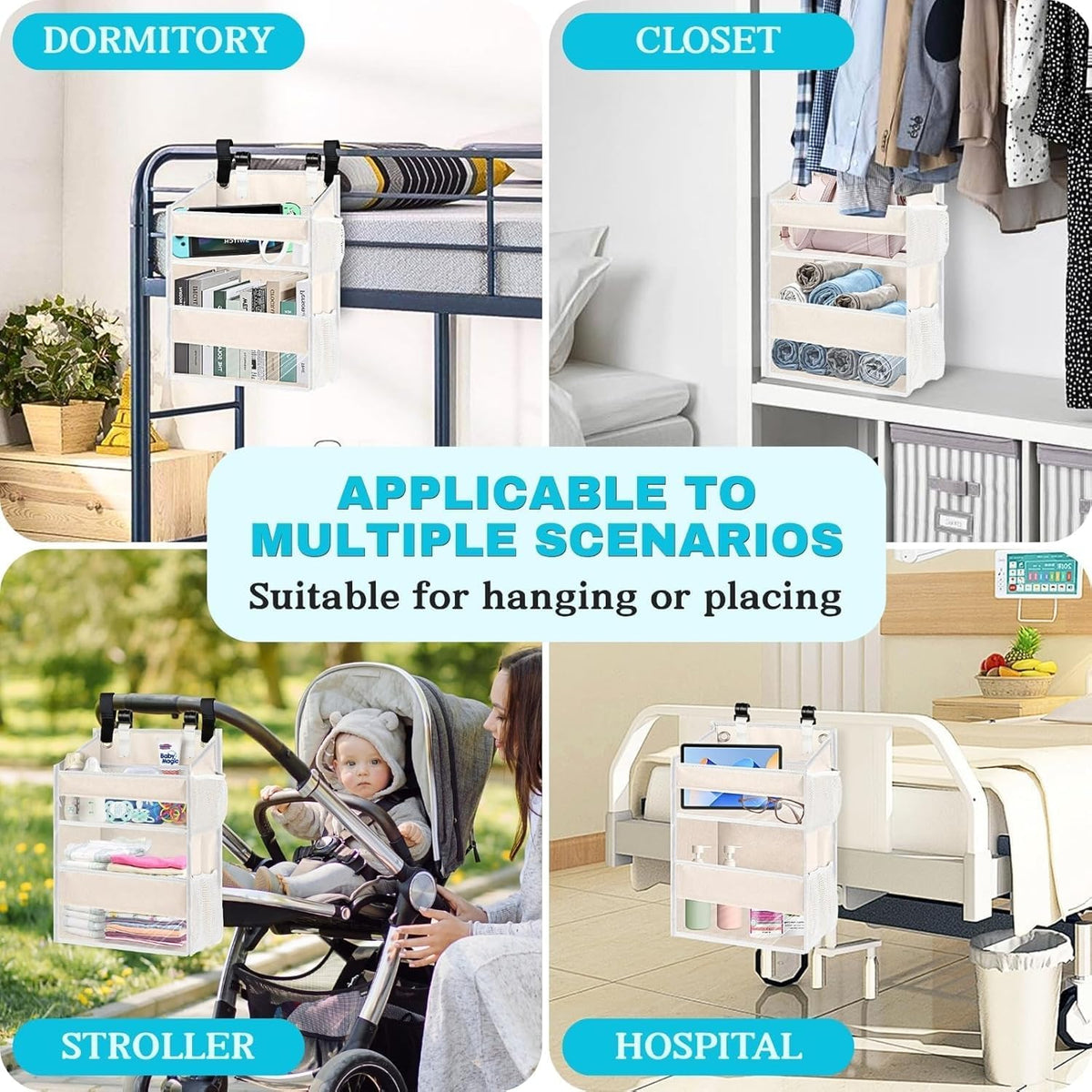 Hanging Diaper Organizer, 2 Tier Hanging Diaper Caddy, Holds 90+ Diapers | Diaper Organizer for Changing Table,Cribs,Car,Playard or Wall & Nursery Organization, 4 Mesh Pockets, Won't Deform, Beige