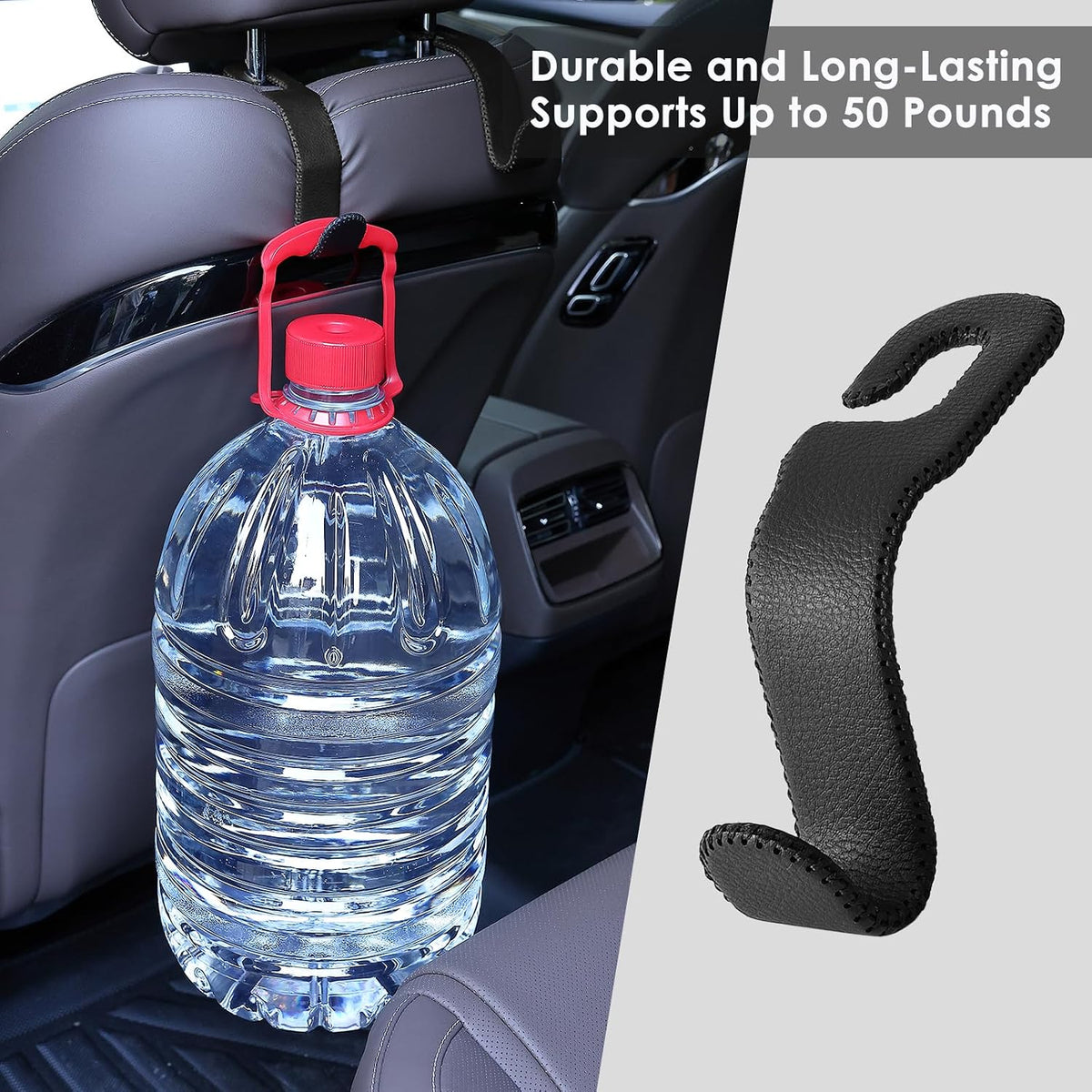AMVOYOA Leather Car Seat Hooks - U-Shaped Purse Holder for Car, Fully Leather-Wrapped Headrest Hooks for Purses, Bags & Coats, Durable Seat Back Organizer for Travel & Daily Use (Black, 2 Pack)