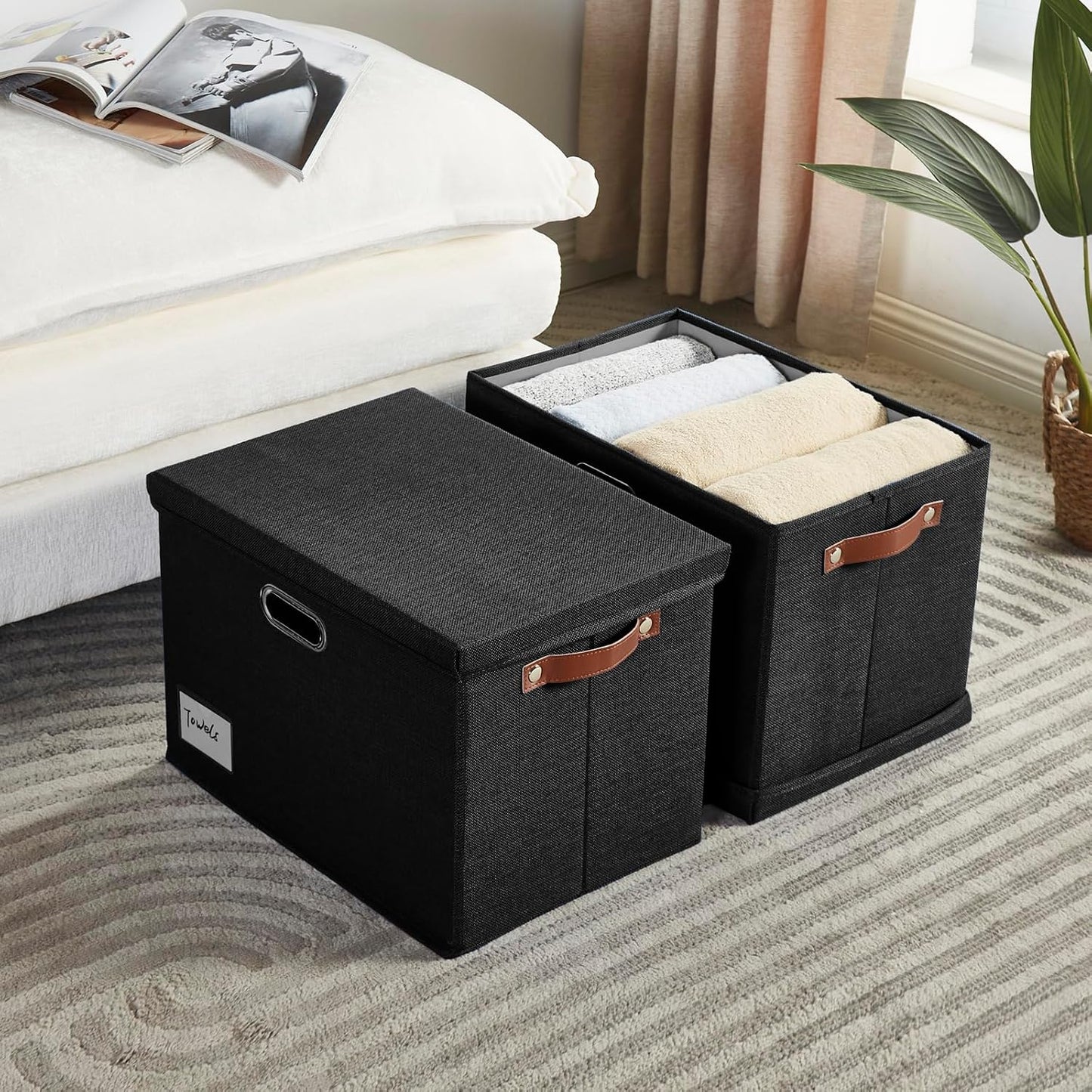 Roobyl 17" Large Collapsible Storage Bins with Lids, Stackable Closet Organizers with PU Handle and Labels, 3-Pack Decorative Fabric Storage Boxes for Home, Bedroom, Closet, Office, Nursery(Black)