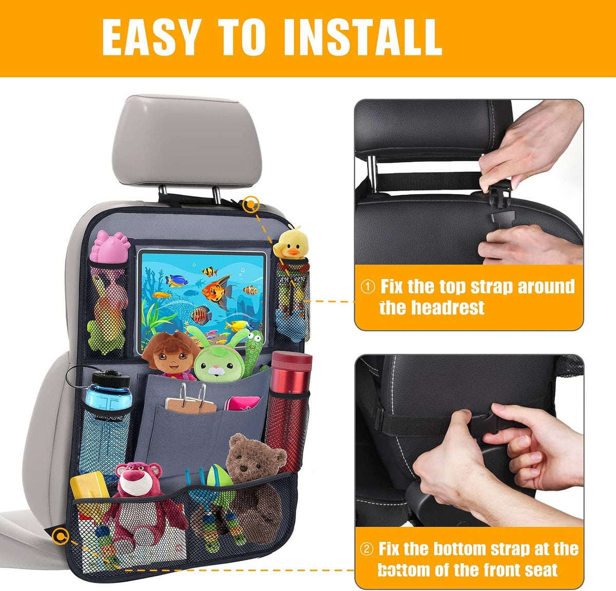 Backseat Car Organizer w/ 10 Storage Pockets 11" Tablet Holder, 2 PCS Gray