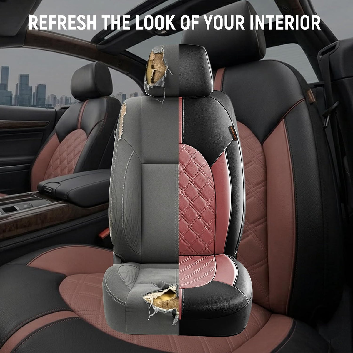 CAROMOP Luxury PU Leather Car Seat Covers Front Set, Anti-Stain Waterproof Automotive Seat Covers for Cars, Universal Car Interior Covers Seat Protectors for SUVs Pick-up Trucks(Dusty Rose)