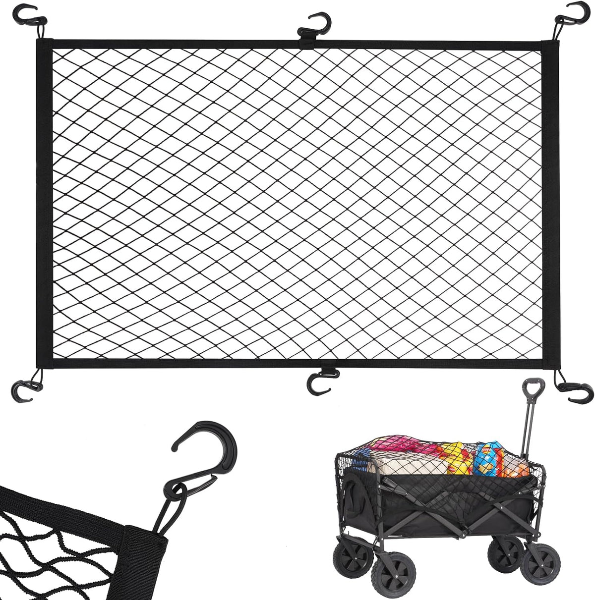 Elastic Mesh Cargo Net for Folding Wagon, Heavy Duty Stretch Storage Cover with 6 Hooks for Beach Cart, Garden Utility Trolley Accessories, 35.5 x 23.6 Inch Black
