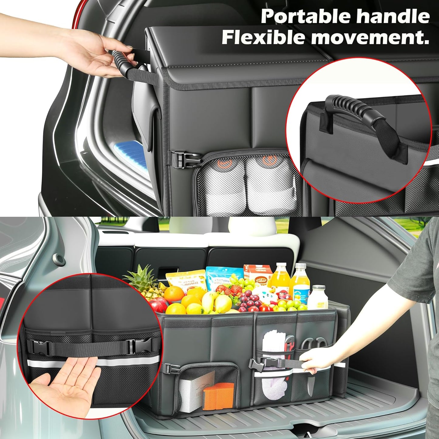 Car Trunk Organizer, 3 Compartment Collapsible Car Trunk Storage Organize with Lid, Non-Slip Bottom, Cargo Organizer for Car Accessories, Trunk Organizer for Car/SUV/Truck